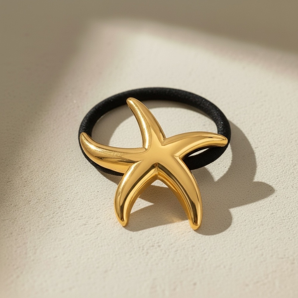 18K Gold Plated Glossy Starfish Ponytail Cuff Sleek Minimalist HairTie Accessory